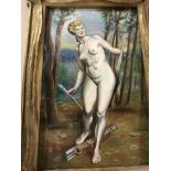 A oil painting on board depicting a nude classical maiden , In a gilt art nouveau style frame. 20 cm