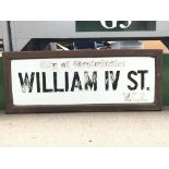 A vintage City of Westminster, London street sign for William IV St. W.C.2.