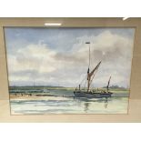 A framed and glazed watercolour of a boating scene by Alan Runagall, titled Venture at Maldon 28th