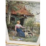 A gilt framed watercolour depicting a maiden feeding pigeons with dogs by her side .50 cm by 70 cm