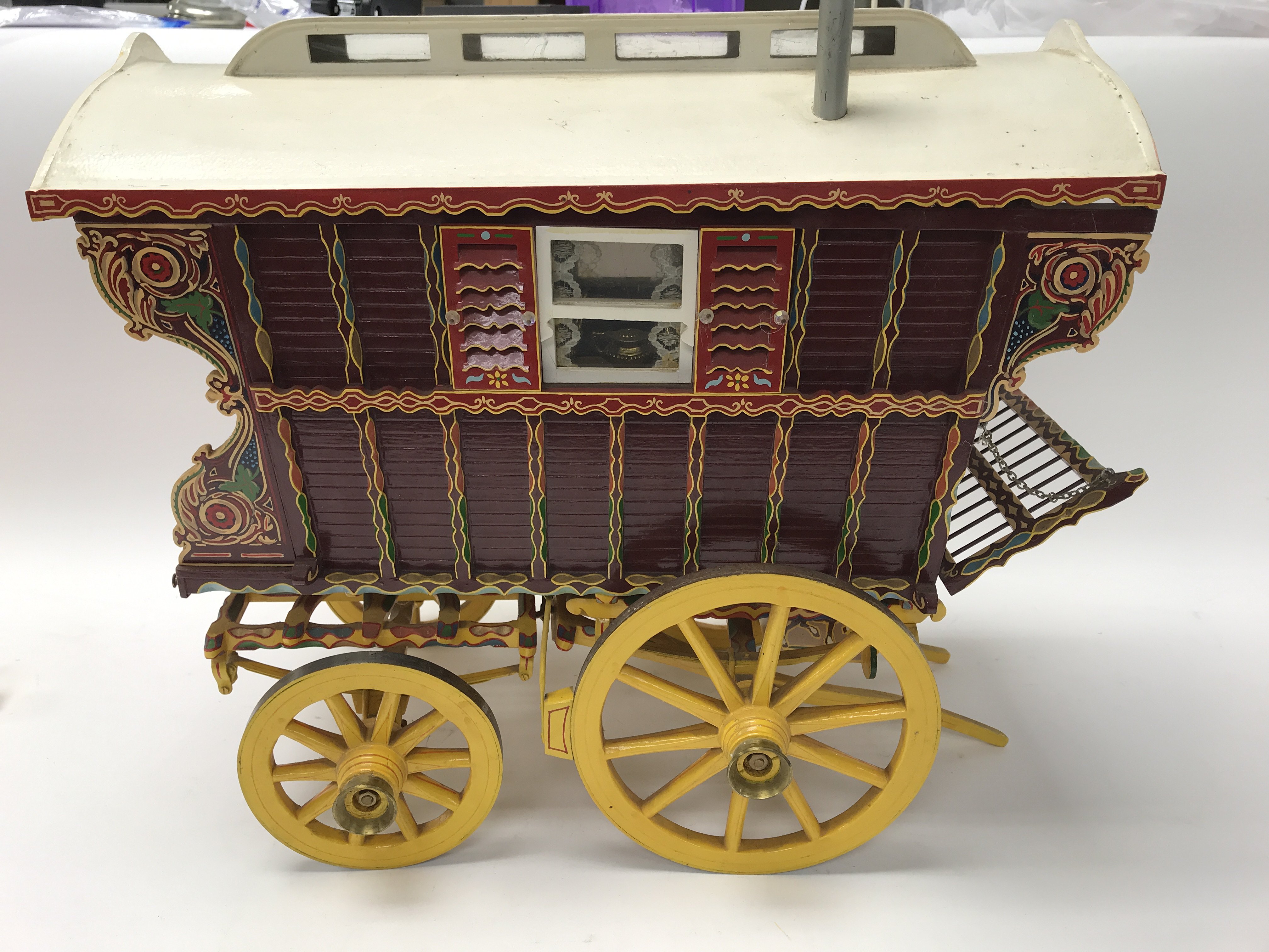 A well detailed model of gypsy caravan hand painted with fitted interior.