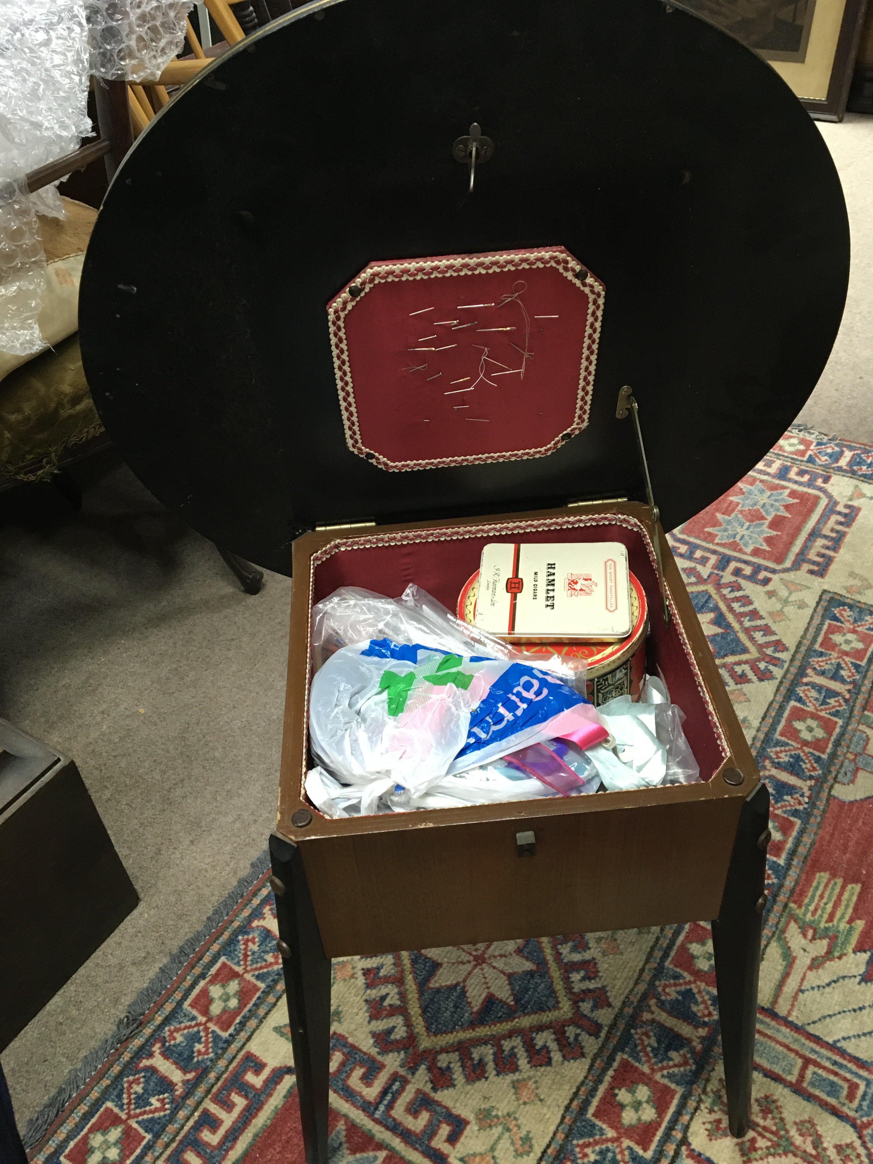 A modern design teak work box with a circular top. With contents. - Image 2 of 2