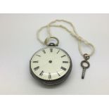 A silver cased fusee pocket watch with key, hands missing.