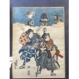 A Japanese woodblock print of travelling musicians possibly By Utagawa Kunisada.