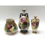 Three Royal Worcester vases of varying shapes, all depicting roses