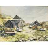 A framed watercolour Cornish scene with small boats and stone barns by EWJ Bateman