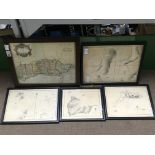 Five framed modern maps, of the South American coast, Islands in the Pacific Ocean and one of