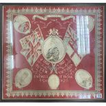 A large Framed Queen Victoria commemorative silk scarf 71x78cm.