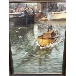 A framed oil painting of fishing boats on water, signed PJ Pinnock 1979