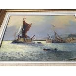 A small framed oil painting depicting bell wharf o