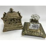 Two smaller Victorian brass and glass inkwells