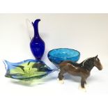 Two large coloured art glass dishes a blue glass e