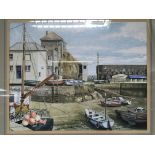 A framed watercolour Cornish Harbour at low tide s