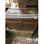 2 vintage tool chests, 1 metal and 1 pine example.