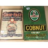 A metal Cobnut Brown Ale sign and a framed Grip Fa