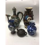 A box of various Chinese and English pottery and p