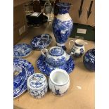 A collection of blue and white ceramics including