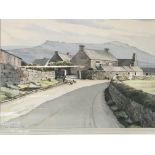 A framed watercolour view of a Cornish farm with w
