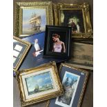 A box of various framed prints including Wanfted H