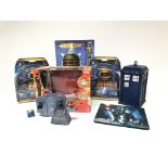 A box containing Doctor who toys including Daleks,