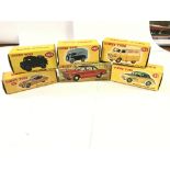 A collection of 6 Dinky cars(6) boxed #157 Jaguar Xk120 Coupe, #159 Morris Oxford Saloon, #482 a Bed