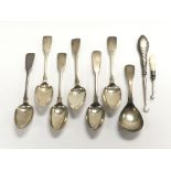 A collection of silver tea spoons and two silver b
