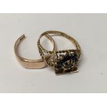 A 9ct gold and sapphire set ring 1.97g, N, plus a