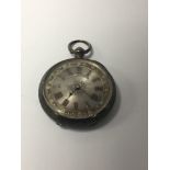 A silver cased pocket watch With Roman numerals.