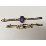 Two gold bar brooches set with amethyst and seed p