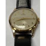 A gents 9ct gold cased Omega wristwatch, engraving