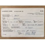 1969 George Best Port Landing Card: Fully filled out by George Best in his own handwriting. Signed