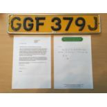 Rear Number Plate from George Bests 1971 Blue E- Type Jaguar GGF 379J: Comes with Letter of