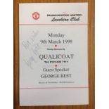 George Best Signed Dinner Menu: Manchester United Luncheon Club with guest speaker George Best who