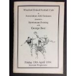 George Best Winsford United Football Club Signed Menu: Sporting Evening with George Best who has