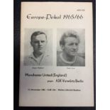 65/66 Vorwarts v Manchester United Football Programme. European Cup first round dated 17 11 1965.