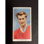 Bobby Charlton Signed Football Card: International Soccer Stars Cigarette Card. Personally signed by