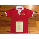 Best + Law Signed Manchester United 1972 Replica Airtex Home Shirt: Personally signed by Denis Law