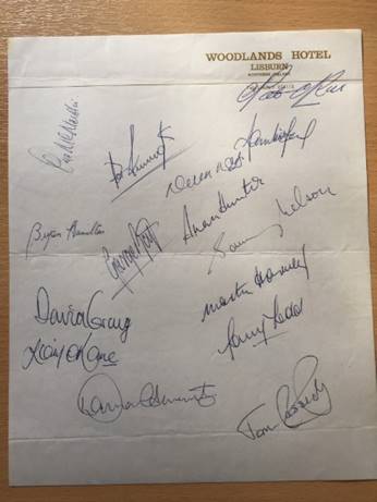 1971 Northern Ireland v England Signed Football Team Sheet: From Woodlands Hotel which no longer