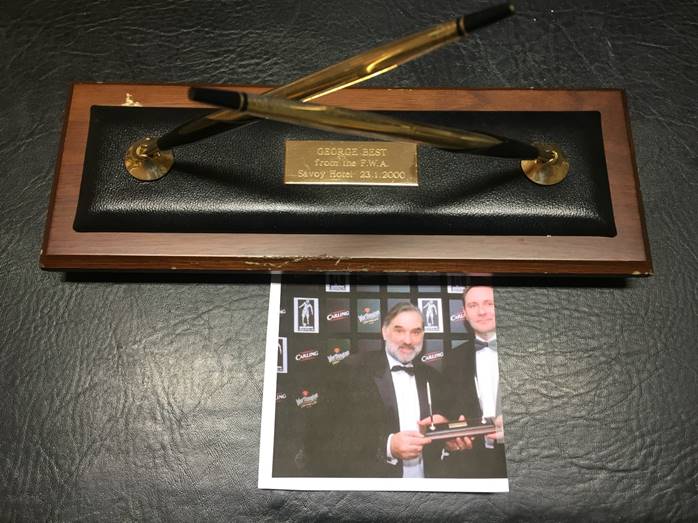 George Best Manchester United + Ireland Football Writers Award: Two 10ct rolled gold pens attached