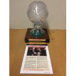 George Best Football Awartd: A glass cut ball on a glass plinth with wooden base: The plaque is