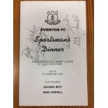 George Best Signed Everton Menu: Everton Football Club Sportsmans Dinner Menu. Signed by George