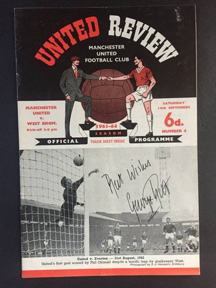 63/64 George Best Signed Manchester United Debut Football Programme: Man United v West Brom which