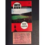 67/68 Manchester United v Liverpool Football Programme + Ticket: Programme and unused ticket dated 6