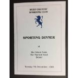 George Best Signed Dinner Menu: West Country Sporting Club Dinner. Guest speaker George Best has