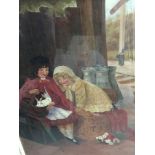 A framed 20th century oil painting depicting two children on a train station platform with a