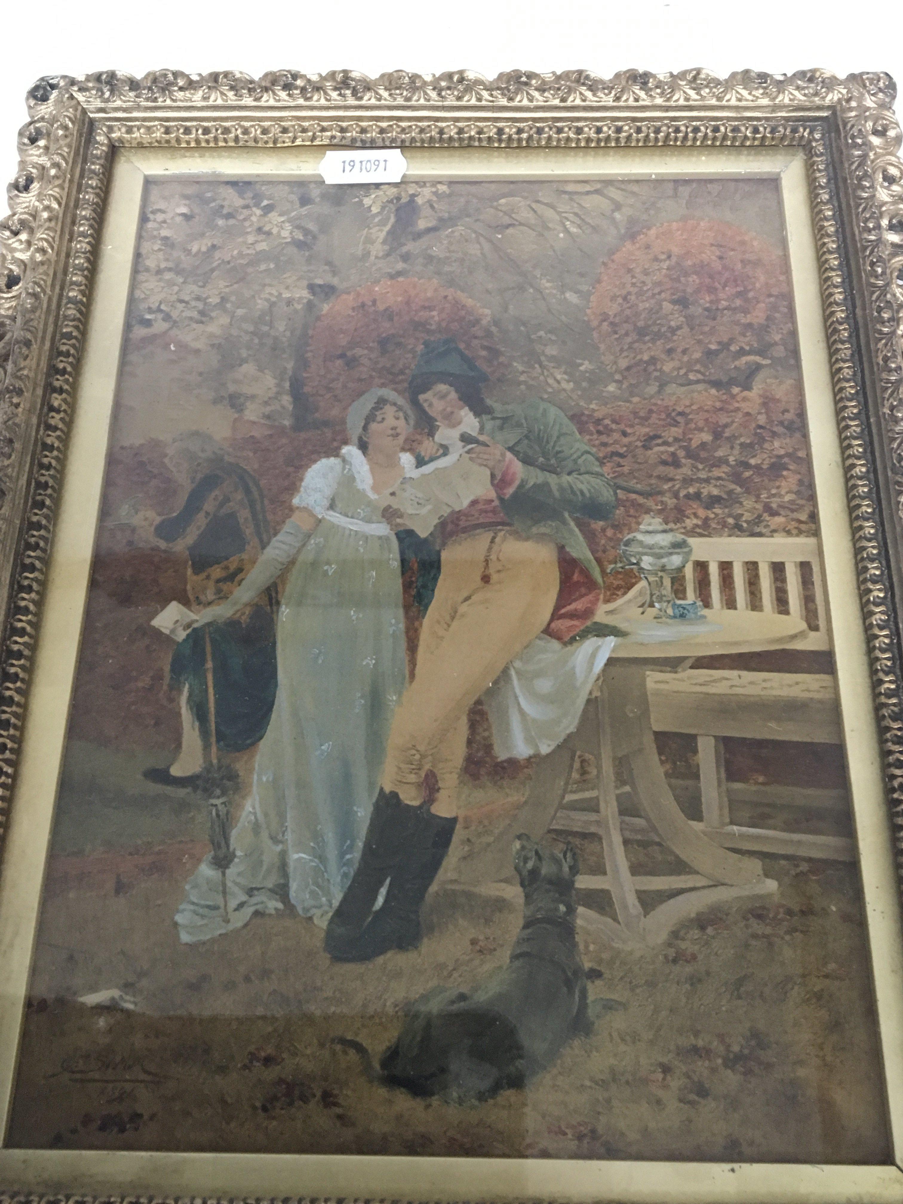 A framed oil painting depicting a courting couple taking tea in a garden signed with initials and