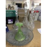 3 cut glass decanters, 2 1930s frosted glass items