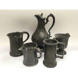 Five pieces of antique pewterware.