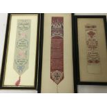 Three framed silk embroidered bookmarks including