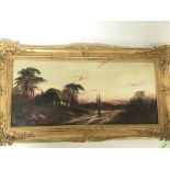A framed oil painting on canvas rural scene with a